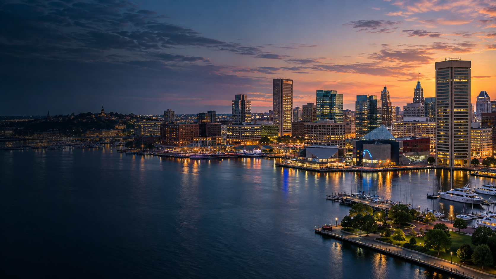 Baltimore Inner Harbor and downtown skyline at sunset